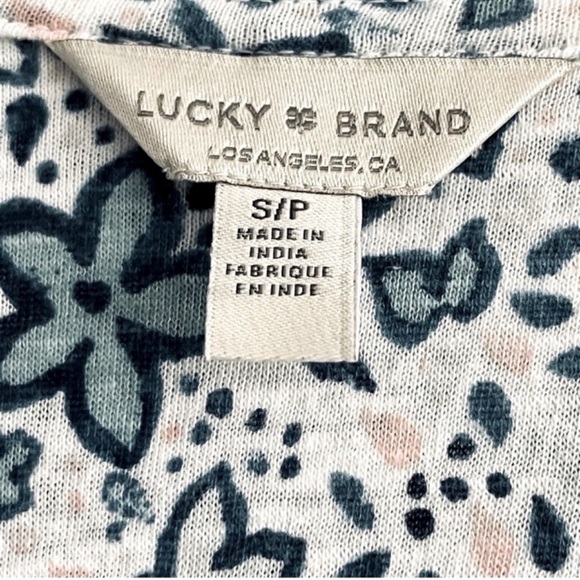 Lucky Brand Ruffle Hem Blouse Puff Sleeve V-neck Floral Teal Blue Green Size S - Picture 4 of 12